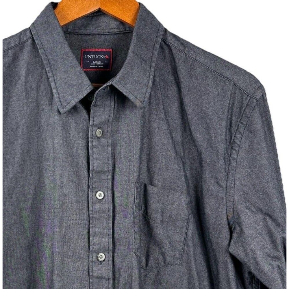 UNTUCKIT Mens Large  Grey Coal Shirt, Cotton Soft Long Sleeve Pocket 2016